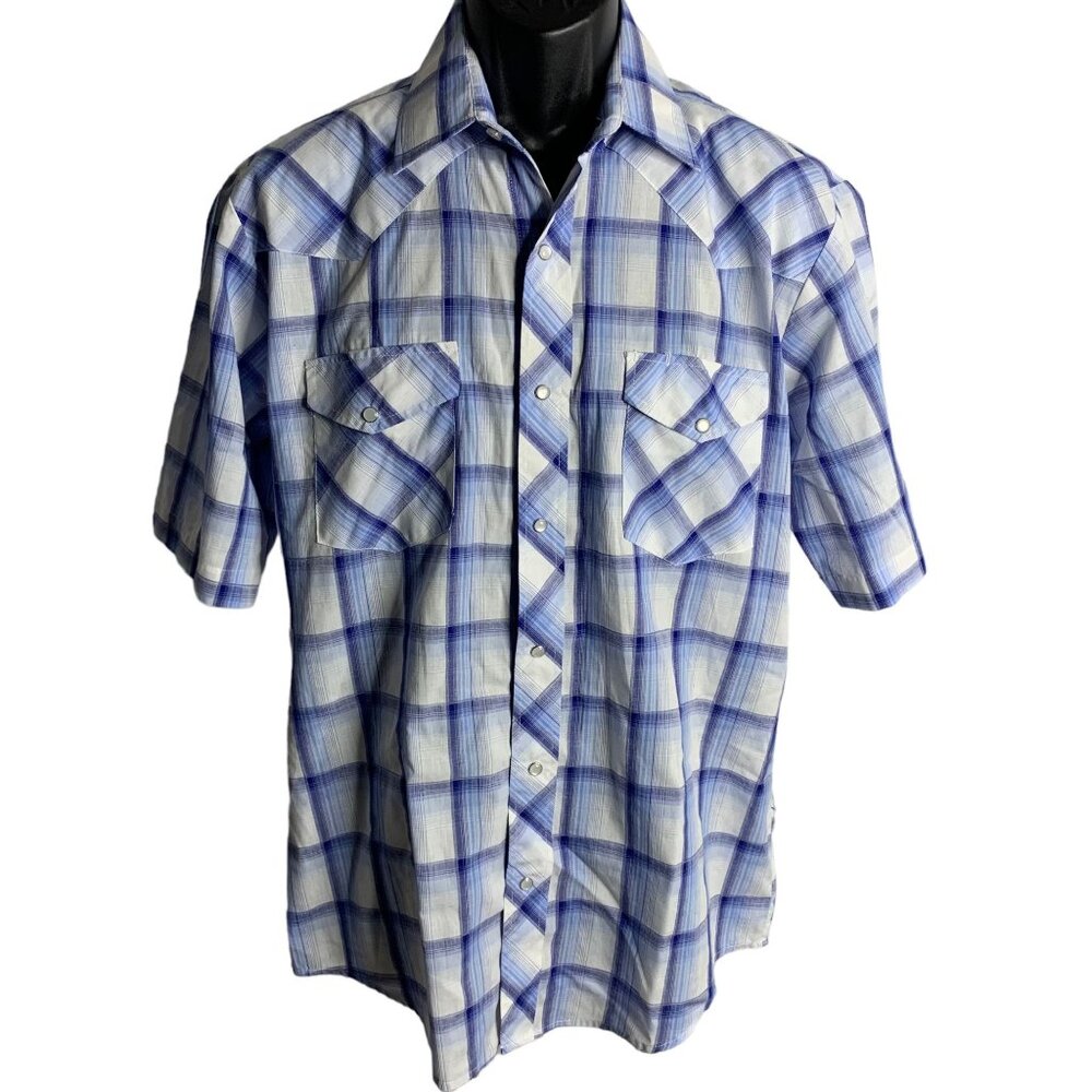 Roper Western Pearl Snap Short Sleeve Shirt M Blue Plaid Chest Pockets One Point